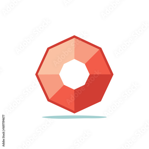 Abstract geometric shape with vibrant red and orange facets casting a light blue shadow