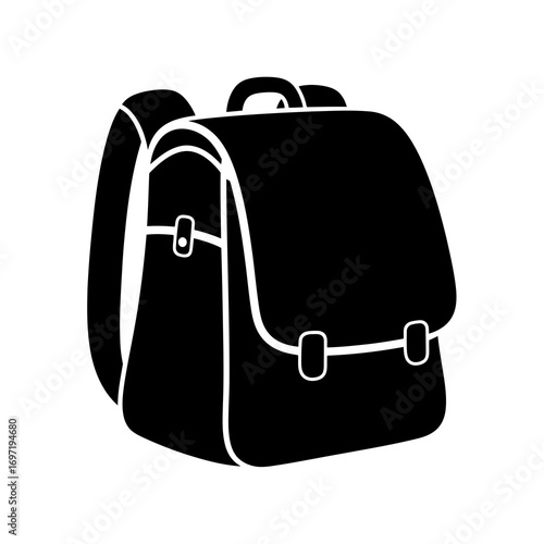 Black silhouette of a classic backpack with buckle straps