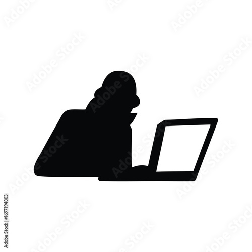 Silhouette of hacker with hood, computer, security threat and personal data theft