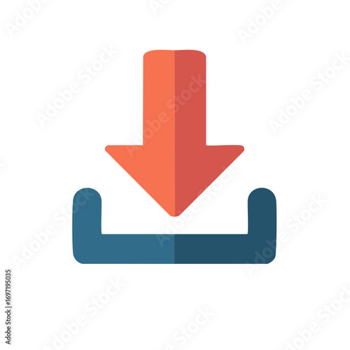 Stylized orange arrow pointing down into a blue container, download symbol