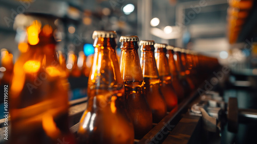 Garrafas de cerveja em uma linha de produção