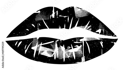 Vector Dramatic black and white lips with halftone texture.