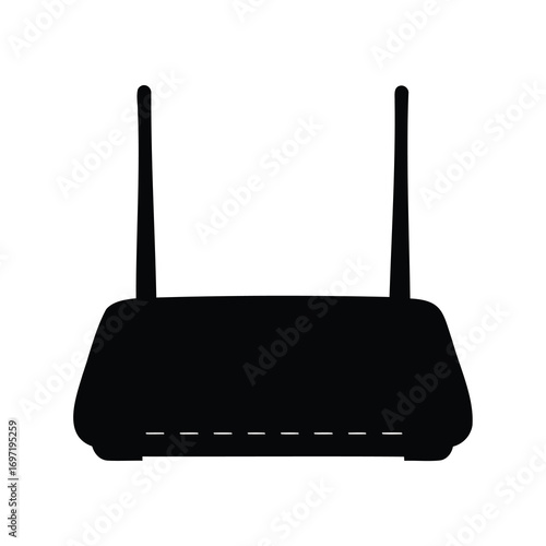 Black and white silhouette illustration of a wireless router modem device