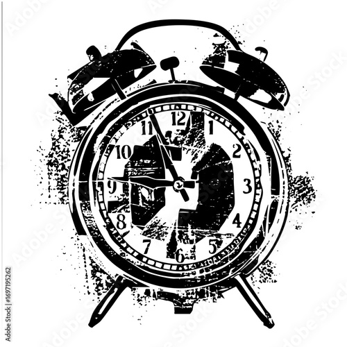 Vector Distressed alarm clock with hands pointing to ten oclock.