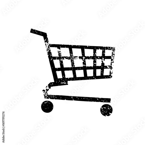 Vector Distressed shopping cart depicts retail and consumerism.