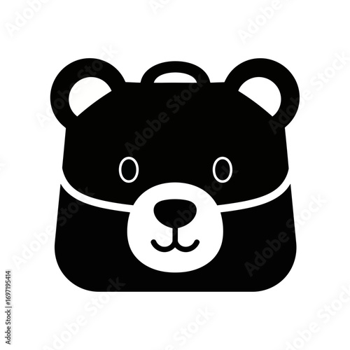 Cute black bear face icon with backpack straps
