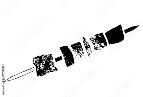 Vector Black and white of a skewer with textured meat pieces.