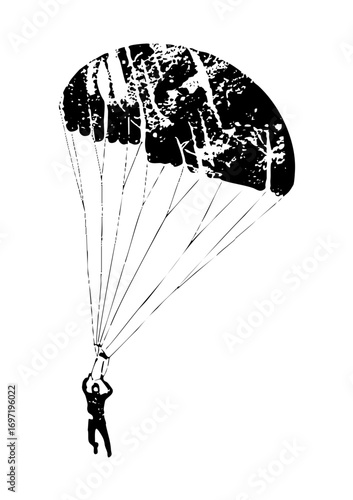 Vector Silhouette of a parachutist descending with a distressed canopy.