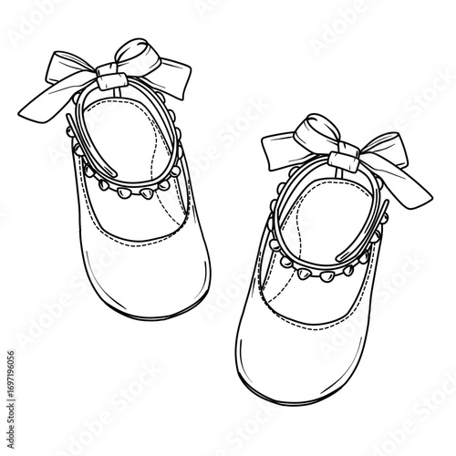 A pair of baby shoes with bows, rendered in a clean line art style, perfect for coloring or simple illustration.