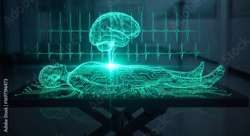 Holographic projection of a human body and brain displaying intricate digital circuitry and vital signs on a futuristic medical table.
