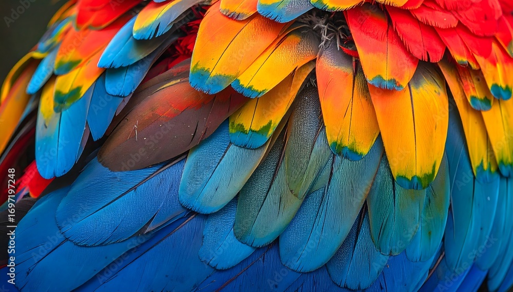 Obraz premium d colorful feathers of a parrot with a red and yellow beak