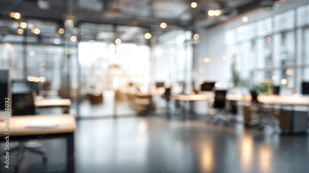 Fototapeta premium Blurred Modern Office Space: A Glimpse into a Productive Workspace