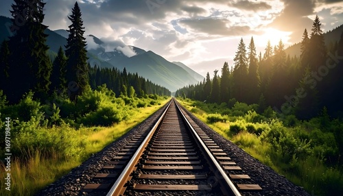 Fototapeta Naklejka Na Ścianę i Meble -  Railroad track vanishing point through forest mountain landscape at sunset