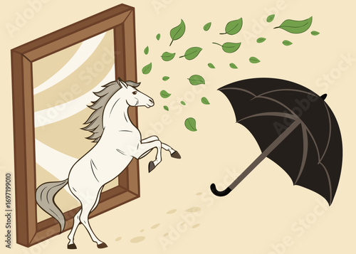 Horse escapes mirror into windy autumn scene with umbrella
