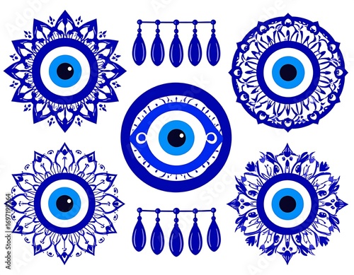 Collection of Evil Eye symbols with decorative frames