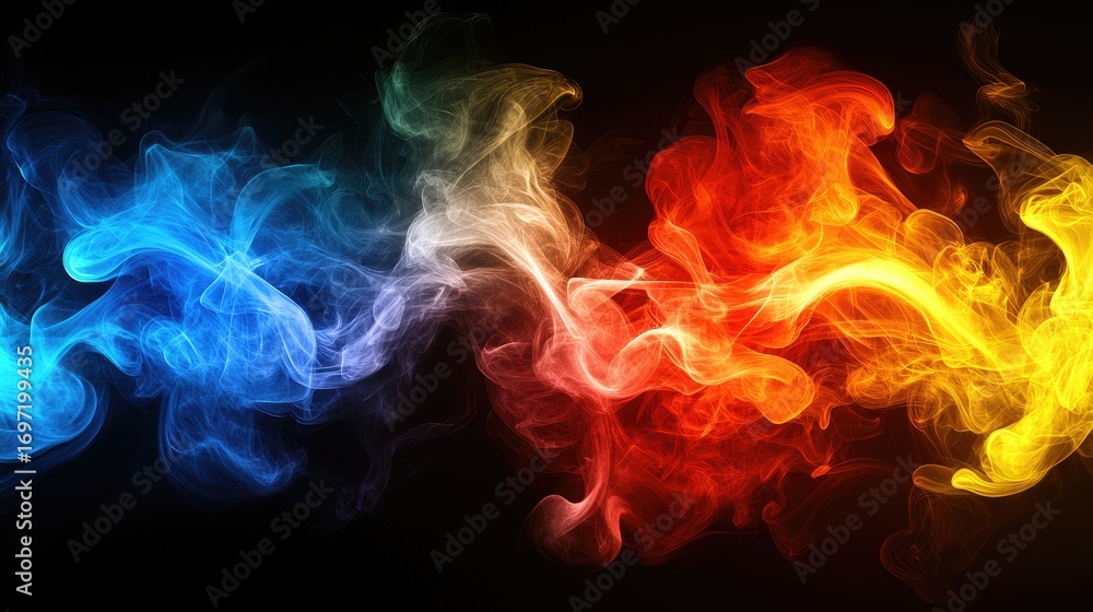 Fototapeta premium Abstract colored smoke background with vibrant blue, red, and yellow hues swirling creatively