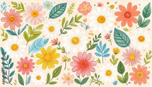 Wallpaper Mural Floral pattern with various daisies and leaves Torontodigital.ca