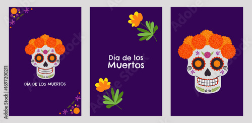 Day of the Dead Mexico poster set. National holiday September 16, Cinco de Mayo. Dia De Los Muertos. Colorful Mexican flowers. Fiesta poster party flyer greeting card. Vector illustration