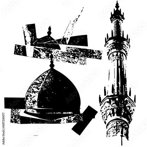Vector Religious symbols of a cross and minaret depicted as bold vector illustrations.
