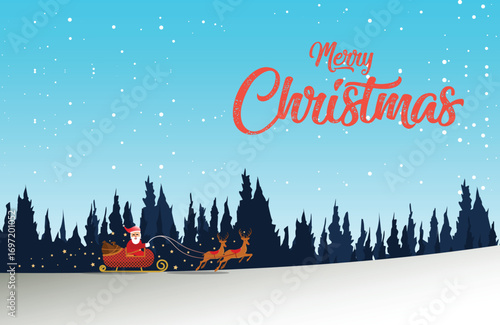 Santa Claus sleigh and reindeer. Modern gradient-style Christmas and winter illustration featuring snow, pine trees, and festive elements. Perfect for greeting cards, backgrounds, and holiday event.