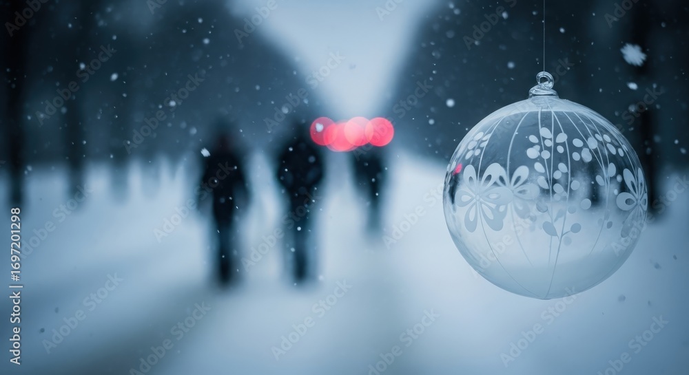 Fototapeta premium Winters Embrace - A Christmas Ornament in a Snowy Landscape.