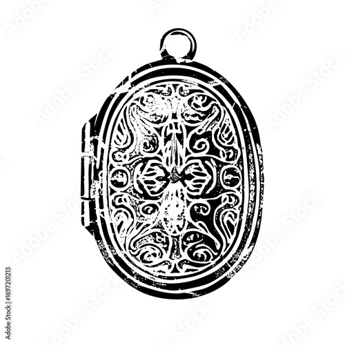 Vector Ornate oval pendant with floral and scrollwork details.