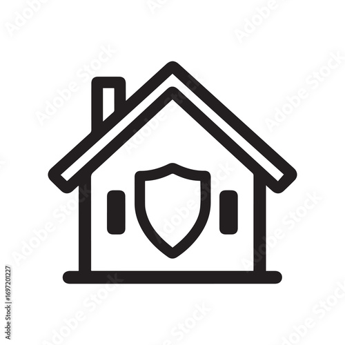 Black and White Icon Depicting Secured House with Shield Symbol