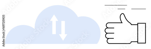 Cloud with upload and download arrows next to a thumbs up symbol. Ideal for technology, cloud computing, data transfer, approval process, online storage, connectivity, and simple landing page