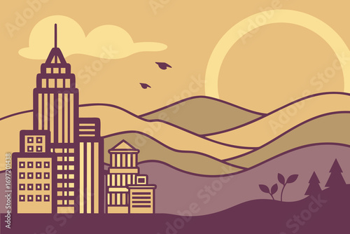 Stylized flat illustration of a cityscape with rolling hills and a large sun flat design graphic