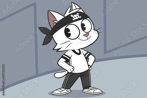 A cartoon white cat character wearing a bandana and athletic clothing stands confidently anthropomorphic