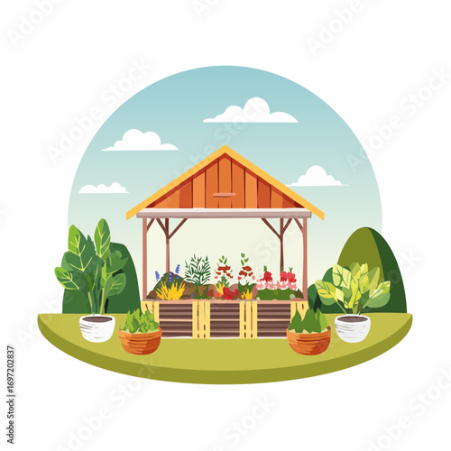 Jolie illustration d'un potager, culture, plantation, écologie, plantes, fleurs