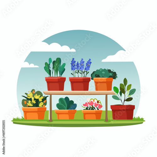 Joli illustration de plantes et fleurs en pot 