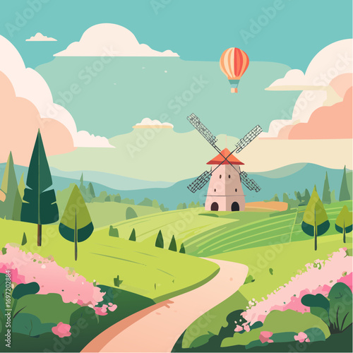 Joli paysage bucolique, campagne, soleil, ciel bleu, montagnes, nature, culures
