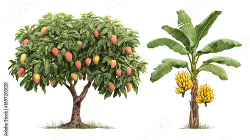 Mango tree and banana tree displayed together with fruits on transparent background