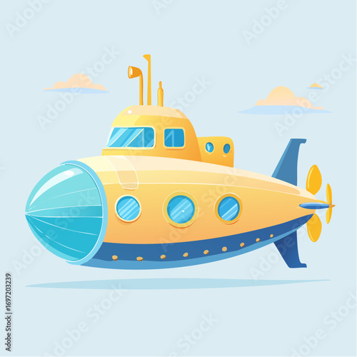 sous-marin bleu et jaune, illustration, fond clair uni