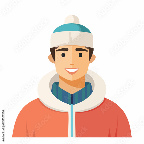 Jeune homme souriant, portrait, habillé chaudement, tenue d'hiver, fond blanc, type caucasien