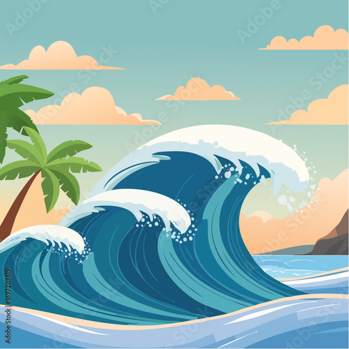 Sublime vagues, énormes, île tropicale, océan, soleil, stylisé