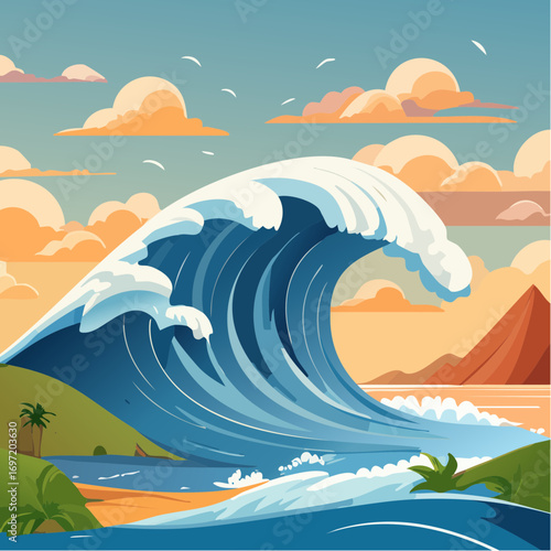 Sublime vagues, énormes, île tropicale, océan, soleil, stylisé
