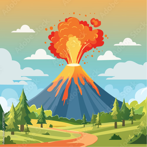 Jolie illustration d'un volcan en éruption, lave, nature, végétation, explosion