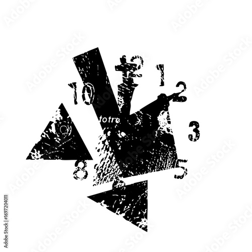 Vector Abstract clock face with distressed typographic numbers and arrows.