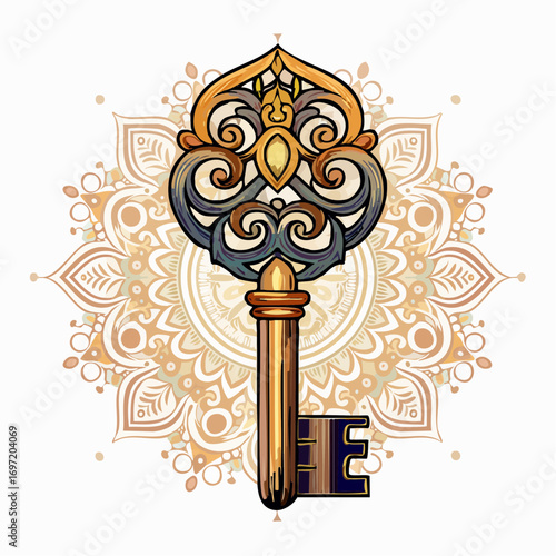 Très jolie clé dorée ancienne, illustration avec graphisme doré,  