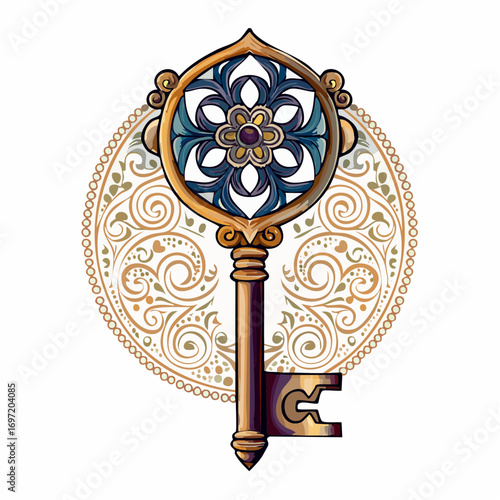 Très jolie clé dorée ancienne, illustration avec graphisme doré,  
