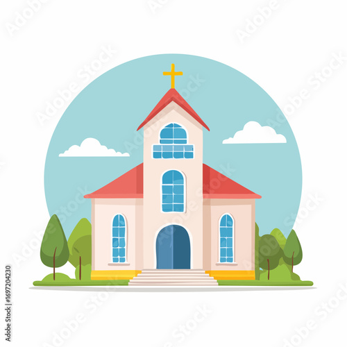 Jolie église, ciel bleu, arbres ,vue de face, illustration naïve, coloré