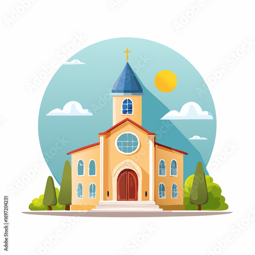 Jolie église, ciel bleu, arbres ,vue de face, illustration naïve, coloré