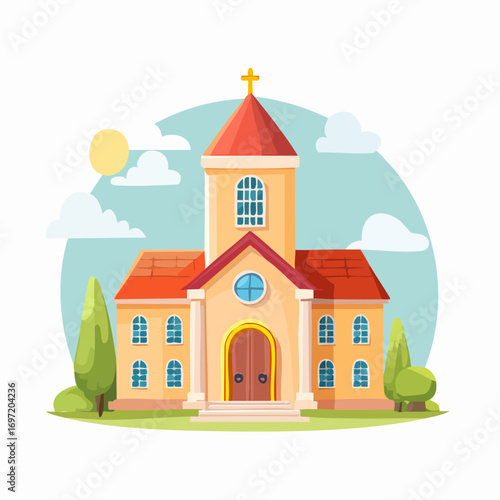 Jolie église, ciel bleu, arbres ,vue de face, illustration naïve, coloré
