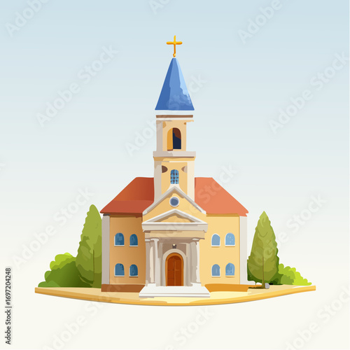 Jolie église, ciel bleu, arbres ,vue de face, illustration naïve, coloré