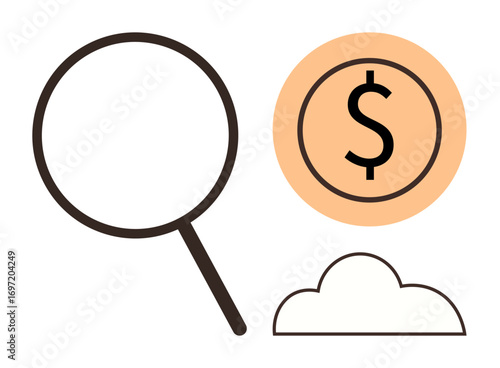 Magnifying glass, dollar sign within an orange circle, and cloud motif emphasize financial research, investment, analytics, technology, cloud computing, data storage and online revenue. Ideal