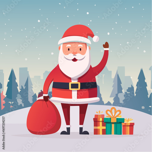 Père Noël souriant, avec sa hotte remplie de cadeaux, décor extérieur hivernal, illustration enfantine, mignon