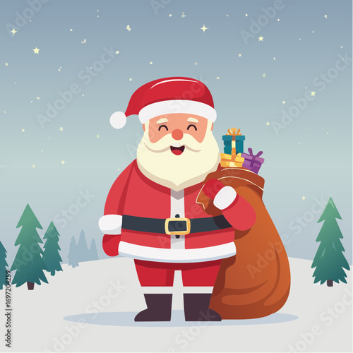 Père Noël souriant, avec sa hotte remplie de cadeaux, décor extérieur hivernal, illustration enfantine, mignon