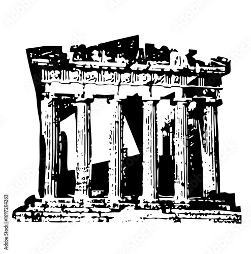 Vector Ancient temple ruins with classical columns and detailed facade.